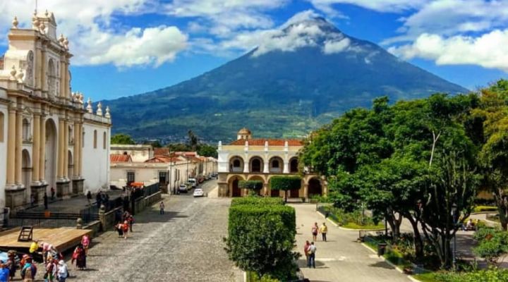 Lanscape of heritage town and mountain background with clear blue sky